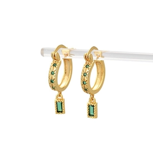 Fashion golden earrings with green rectangle zircon pendants and minimalist engravings