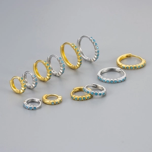 Simple Copper Hoop Earrings Turquoise Color Zirconia Row Inlaid Gold Silver Plated Round Ear Buckle Women Jewelry