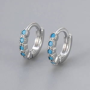 Minimalist S925 sterling silver huggie earrings with five inlaid blue turquoise stones