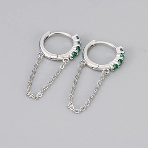 Silver chain earrings with emerald green zircon stones and delicate linked hoops