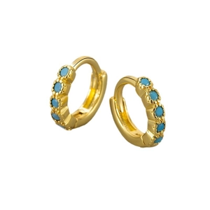 Elegant gold huggie earrings featuring four vertical inlaid turquoise stones on a white background