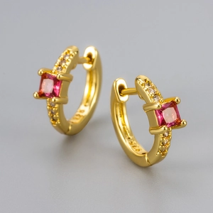 Elegant gold S925 sterling silver hoop earrings with square pink zircon gemstones
