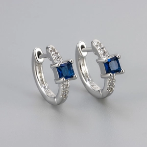 Elegant S925 silver hoop earrings featuring square blue zircon and white micro-pave stones