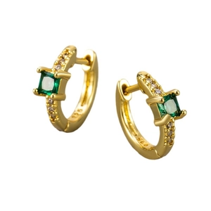 S925 sterling silver gold plated huggie earrings with square green zircon stones