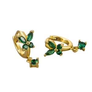 Elegant gold hoop earrings with green zircon butterfly design and small square pendant