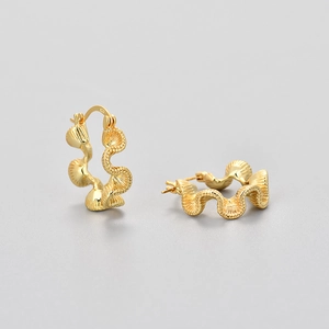 Gold plated sterling silver S925 hoop earrings with minimalist 3D ruffle leaf texture