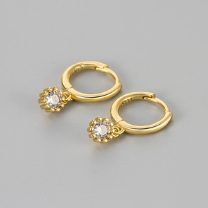 Polished 18K gold S925 silver hoop earrings with a sparkling round zircon stone pendant