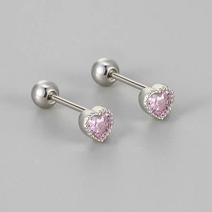 Pink heart-shaped zircon earrings in 925 silver with secure screw-back design for women