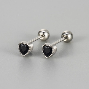Minimalist silver screw back heart stud earrings with black cubic zirconia gemstones