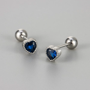 Minimalist silver heart stud earrings with blue zircon and screw ball back closure