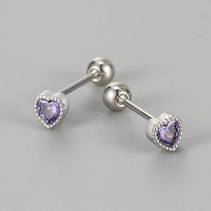 Close-up of heart-shaped purple zircon stud earring with S925 silver screw back detail