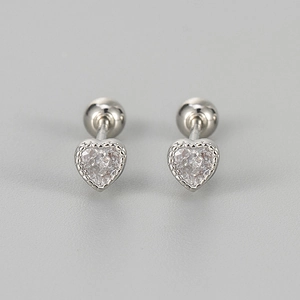 Detail of silver heart stud earrings with cubic zirconia and screw back closure