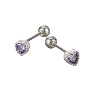 Silver heart stud earrings with purple zircon and secure screw back closure