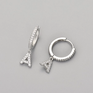 Silver hoop earrings with letter A pendant and sparkling cubic zirconia stones