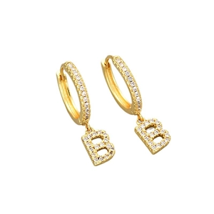 Elegant gold letter B drop earrings with sparkling cubic zirconia pavé stones