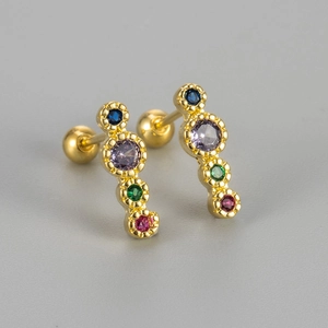 Golden screw back earrings with vertical colorful crystals for cartilage and ear bone