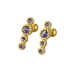 Vertical gold screw-back earrings featuring four brilliant purple sparkling crystals