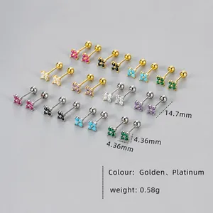 Detailed size chart showing 14.7mm four-leaf clover earrings with screw backs