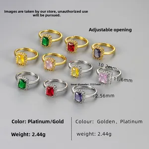 Detail of square-cut colorful zircon rings with adjustable open band design