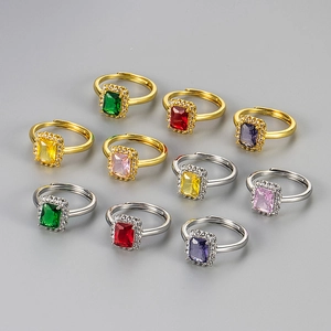 Vintage Rectangular Colorful Zirconia Halo Ring For Women Gold Silver Plated Copper Adjustable Open Index Finger Ring Jewelry