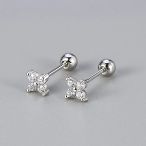 Diamond clover silver stud earrings with screw back design and cubic zirconia flower