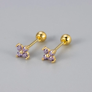 Elegant gold four-leaf clover stud earrings with purple crystals and screw back ball