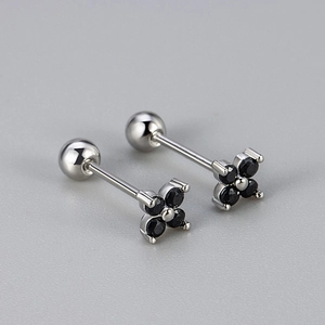 Silver four-leaf flower stud earrings with black zircon stones and screw back closure