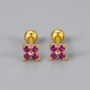 Detail of four-petal flower earrings with pink zircons and screw back fasteners