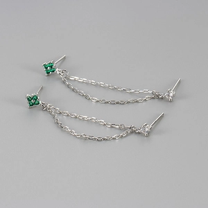 Silver double hole chain earrings with green gem clover and white zircon stones