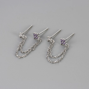 Detailed close-up of S925 sterling silver chain earrings with purple and clear zircon stones