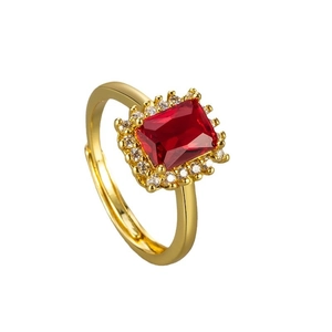 Adjustable gold plated ring with a rectangle red zircon and halo crystal setting