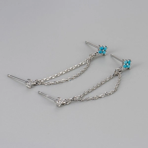 Macro detail of S925 sterling silver chain earrings with turquoise beads and zircons