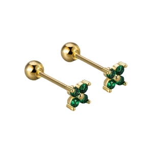 Elegant gold four-leaf clover stud earrings with green zircon and secure screw ball backs
