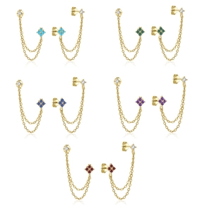 Double Piercing Chain Earrings With 925 Sterling Silver Earring Post Zirconia Rhombus Geometric Copper Drop Earrings For Women