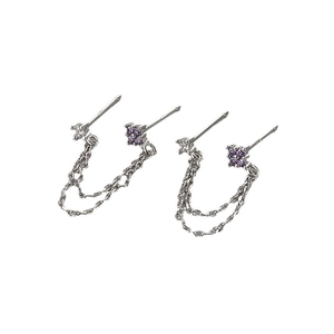 Silver double piercing chain earrings with square white and purple zircon stones