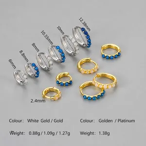 Detailed size comparison of opal-inlaid gold and silver hoop earrings from 6mm to 12mm