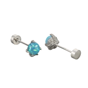 Orecchini a artiglio in argento con opale blu tondo e chiusura a vite piatta sicura