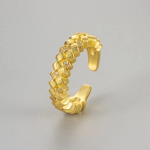 Vintage gold textured open ring with woven patterns and sparkling micro-inlaid zircons