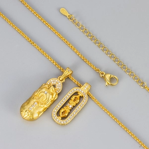 Gold Pixiu and Vajra Pestle pendant necklace in S925 silver with sparkling crystals