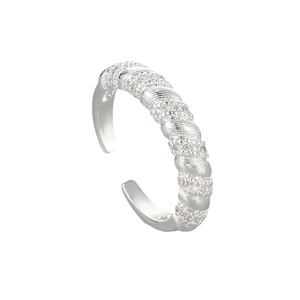 Silver-toned spiral open ring with textured engraving and sparkling zircon stone details