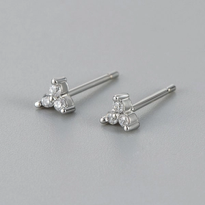 Minimalist geometric triangle clover stud earrings with three round cubic zirconia stones