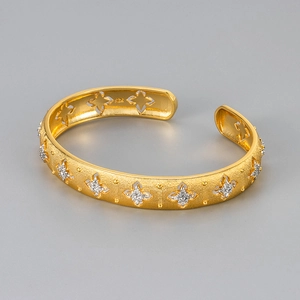 Italian style brushed gold open bangle with hollow star pattern and zircon accents