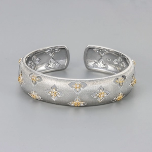 Minimalist brushed S925 sterling silver open cuff bangle with golden clover and zircons
