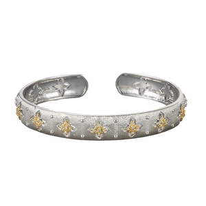 Italian vintage style brushed silver open bangle with golden floral relief and zircon stones