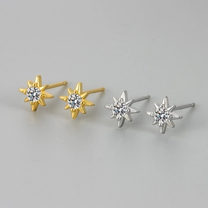 French Vintage Eight Pointed Star Stud Earrings For Women Copper Zirconia North Star Gold Silver Small Dainty Ear Jewelry