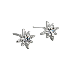 Elegant French vintage silver eight-pointed star earrings with sparkling round zircon