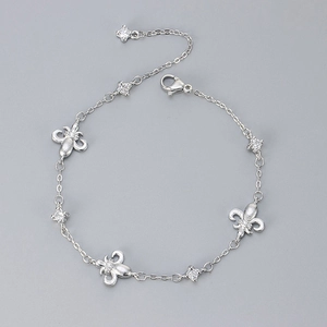 French retro silver fleur-de-lis bracelet with zircon stars and adjustable chain