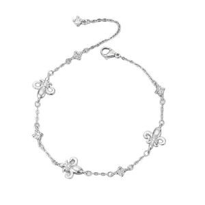 Elegant silver fleur-de-lis bracelet with sparkling zircon stones on a white background