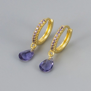 Elegant 18K gold plated hoop earrings with purple teardrop zircon charms for women