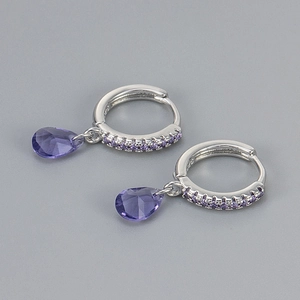 Detailed view of S925 silver hoop earrings with purple teardrop zircon and pave settings